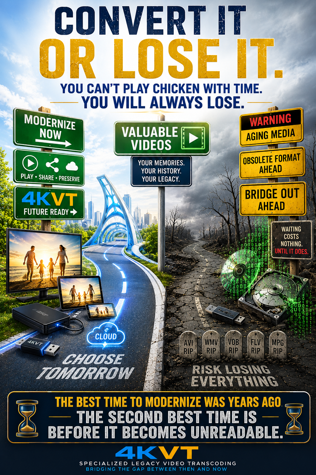 Convert It Or Lose It — Two roads: Modernize Now leading to future-ready devices and preserved memories, or Risk Losing Everything with aging media, obsolete formats, and failing storage. The best time to modernize was years ago. The second best time is before it becomes unreadable.