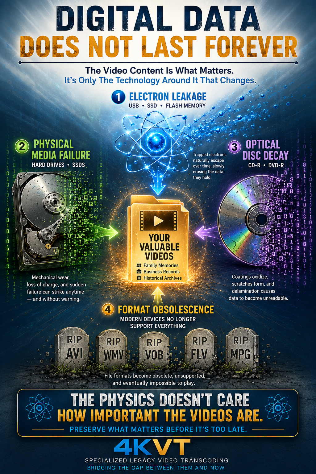 Digital Data Does Not Last Forever — Electron Leakage, Physical Media Failure, Optical Disc Decay, Format Obsolescence. The Physics Doesn't Care How Important The Videos Are.
