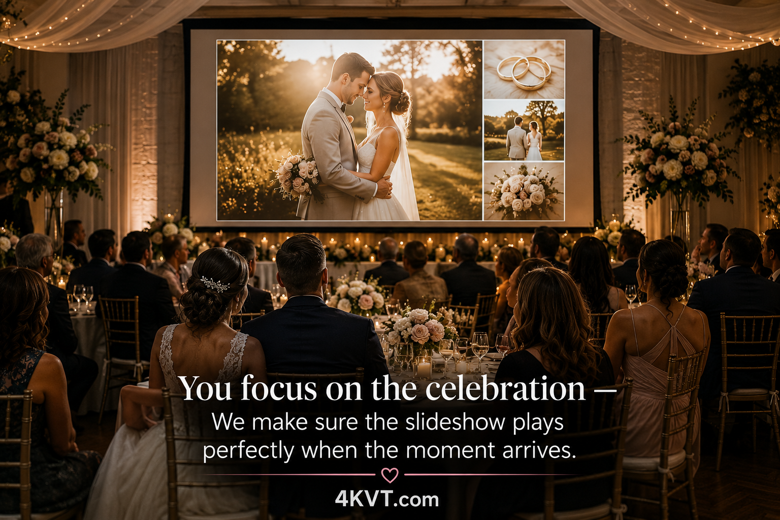 Wedding banquet reception slideshow playing successfully on venue screen