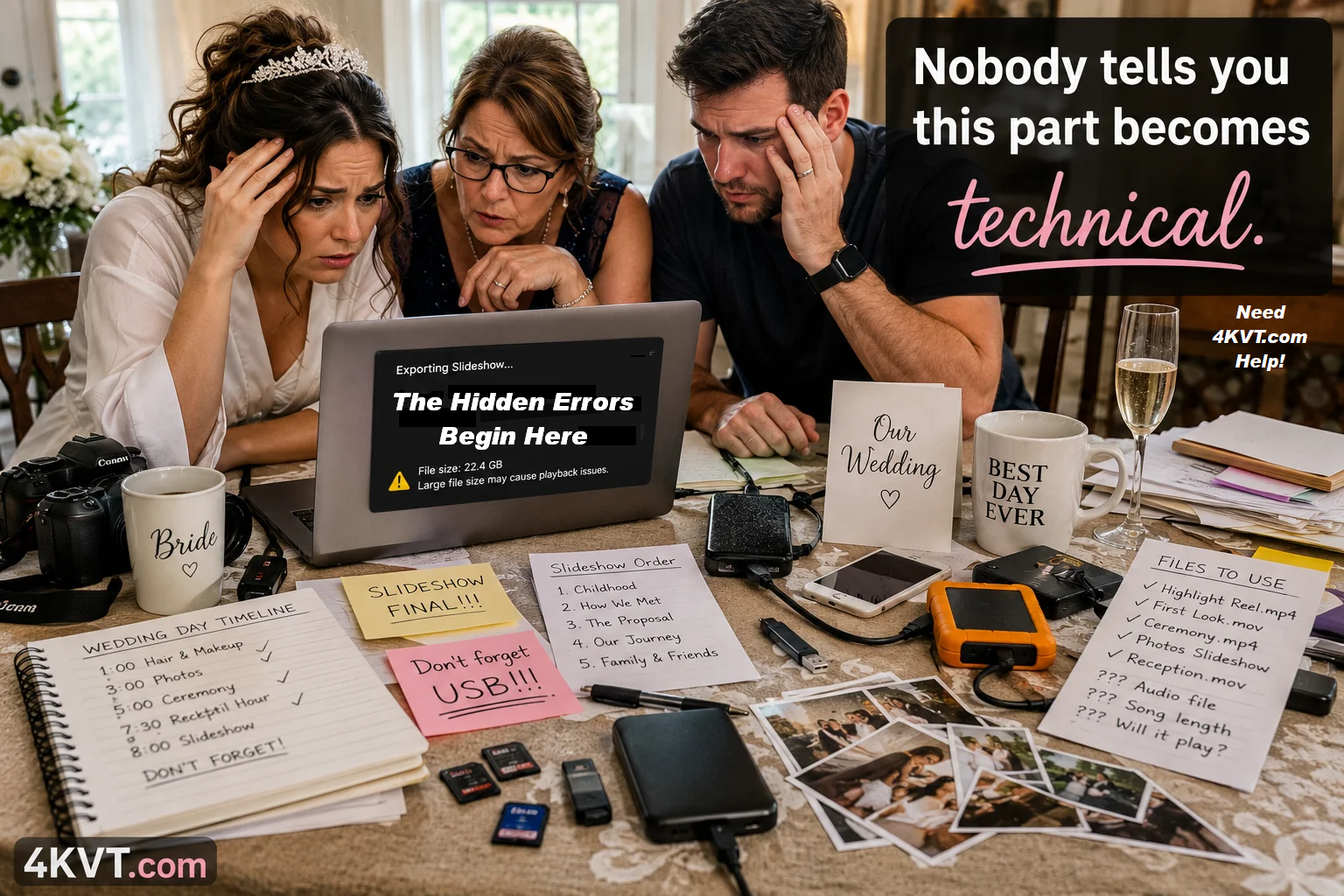 Wedding slideshow video preparation chaos — file too large, USB won't play