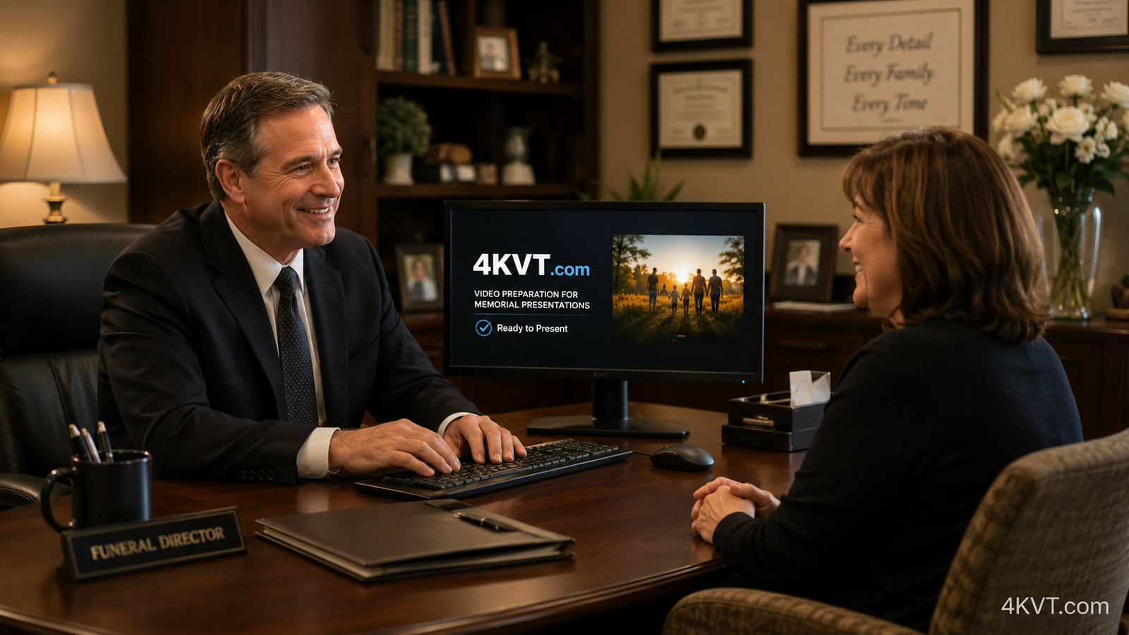 Funeral home director with 4KVT video support — compatible tribute video prepared